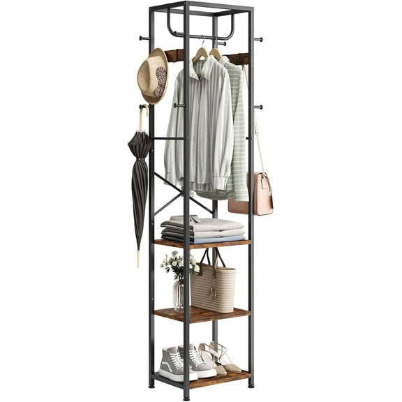 Coat Rack Freestanding, Hall Tree with 3 Storage Shelves and 12 Hooks, Industrial Clothes Rack Stand Organizer for Bedroom, Hallway, Entryway, Office, Living Room, Rustic Brown