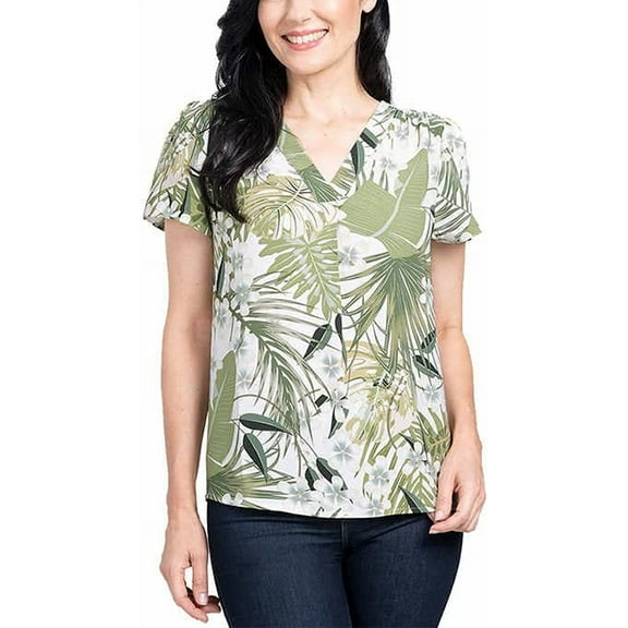 Hilary Radley Womens V-Neck Printed Blouse Size: S, Color: Off-White & Sage