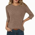 thumbnail image 3 of T-Shirt Décontracté pour Femme à Col Rond, Rayé Givré, Couleur Unie, Manches Trois-Quarts, pour un Confort et un Style au Quotidien, 3 of 7