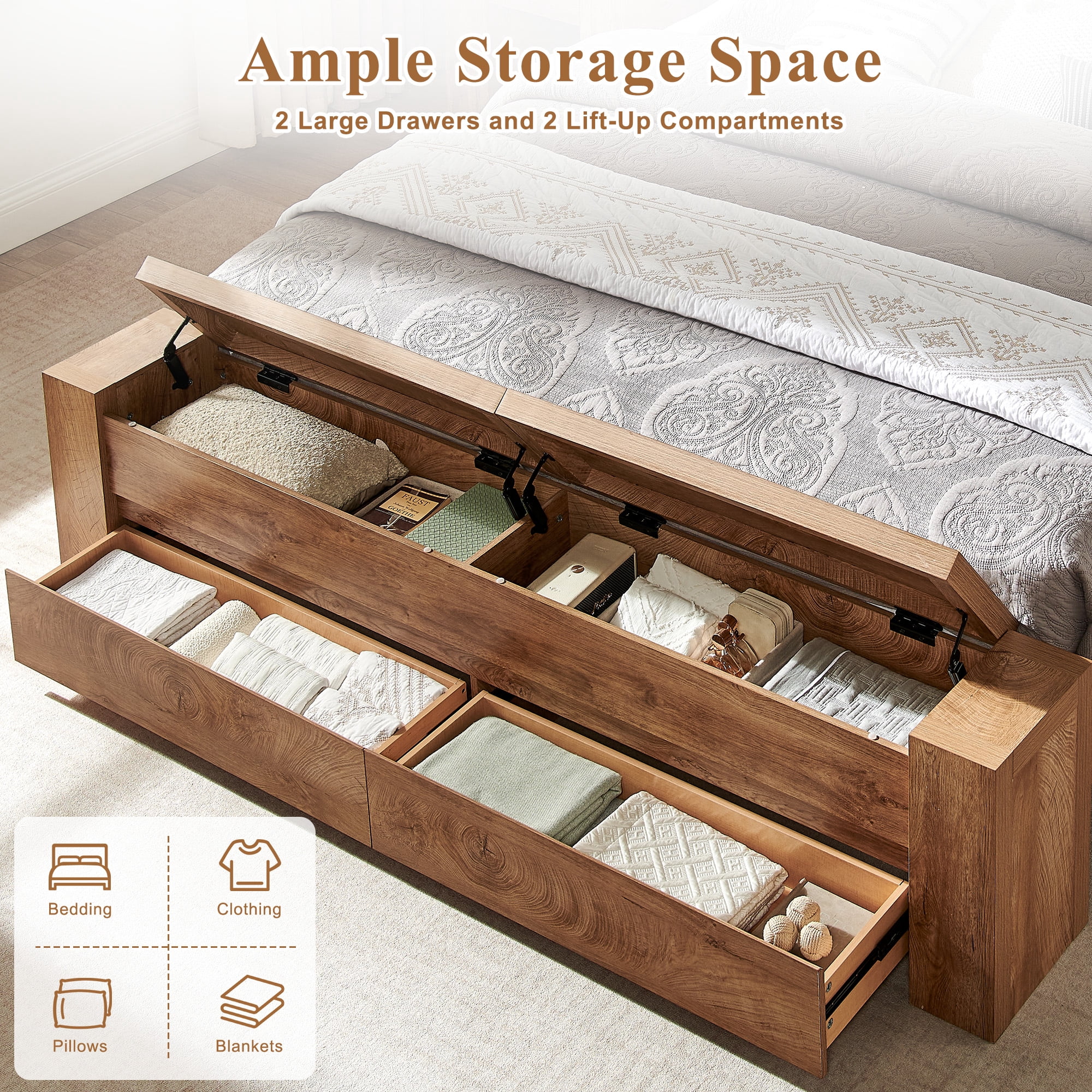 KeyWhat Modern Queen Size Storage Bed Frame with Panel Headboard, Footboard Storage Bench, Built-In Drawers, Lift-Up Compartments, No Box Spring Needed, Light Tree Knot