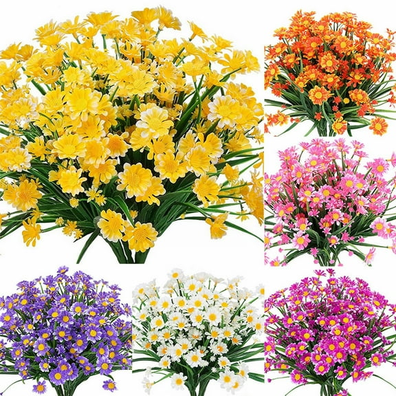 4 Artificial Flowers Clearance! Fake Flowers 4 Bundles Outdoor Artificial Daisies Flowers Shrubs Faux Plastic Greenery for Indoor Outside Hanging Plants Garden Porch Window Box Home Wedding