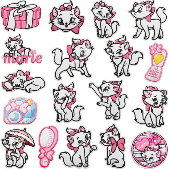 18 PCS kitty Marie Iron On Patch for Clothing Saw On/Iron On Embroidered Patch Applique for Jeans, Hats, Bags