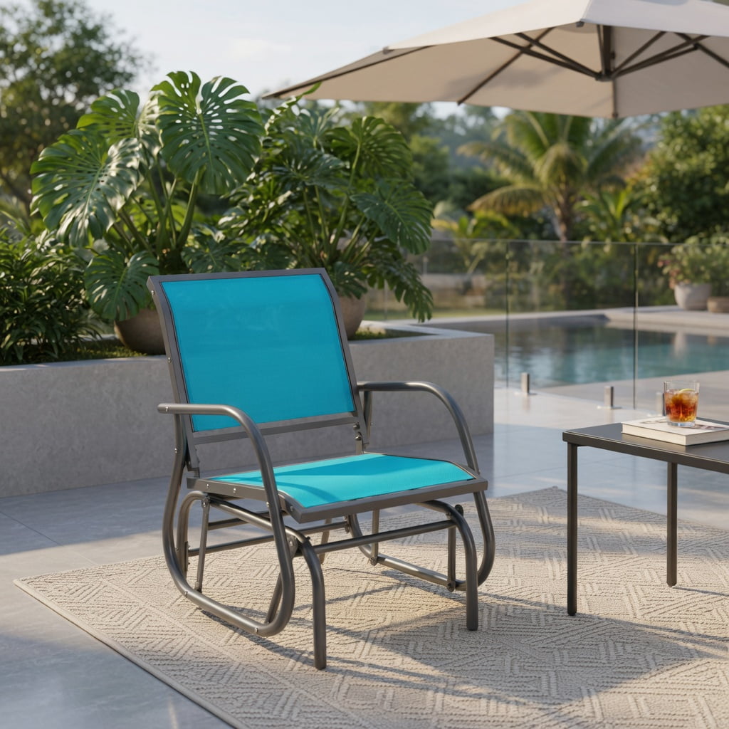 Hommoo Outdoor Single Swing Glider Rocking Chair, Steel Frame with Breathable Fabric, Patio & Backyard Relaxation Seating, Turquoise