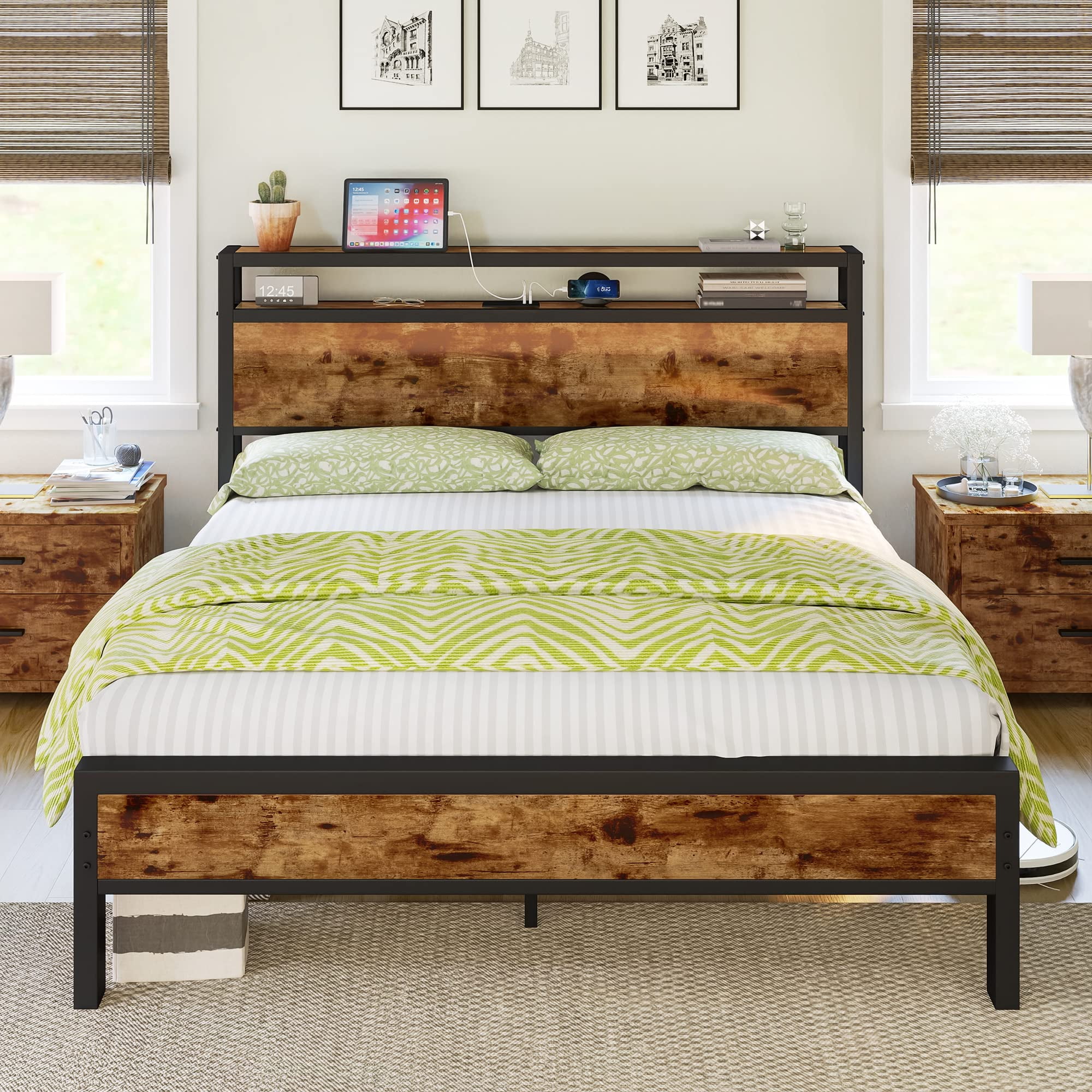 VanAcc Full Size Metal Bed Frame with 2-Tier Storage Headboard and Charging Station, Rustic Brown