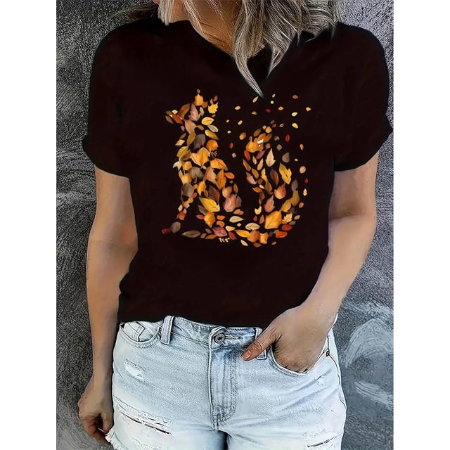 Camiseta elegante de manga corta con cuello redondo y estampado de zorro para mujer, top informal de verano con un diseño creativo de zorro y hoja, cómoda camiseta de algodón para uso informal, ropa d