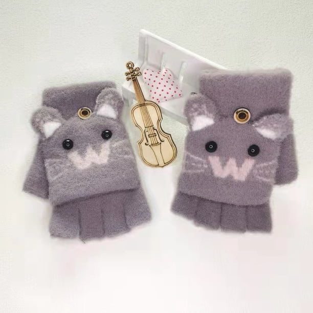 Guantes de escritura tejidos con dibujos animados para niños y niñas, cálidos, anticongelantes, de invierno, con funda abatible de medio dedo, para niños grandes y estudiantes