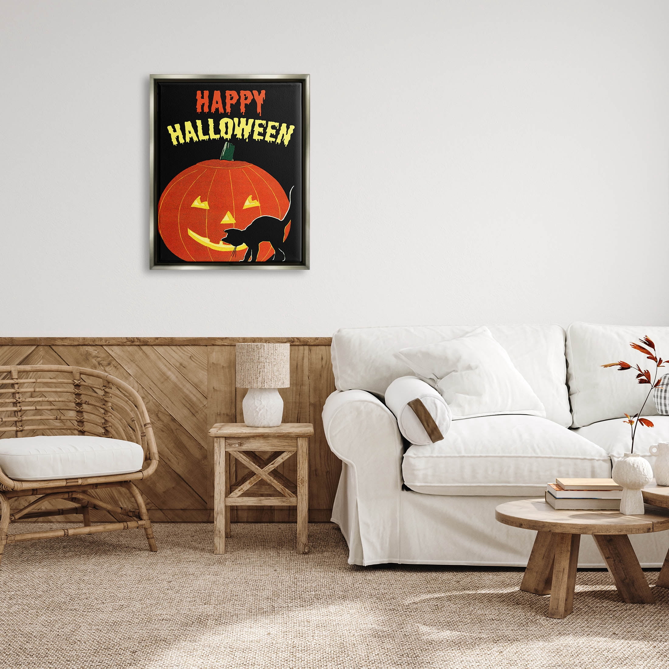 Stupell Industries Happy Halloween Haunted Jack-o-Lantern Graphic Art Luster Gray Floating Framed Canvas Print Wall Art, Design by The Saturday Evening Post