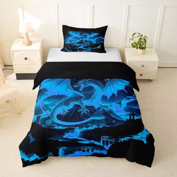 Feelyou Ghost Dragon Animal Twin Bedding for Kids Boys Girls, Volcano Mountain Duvet Cover Set, Black Blue, Black Reversible, 1 Duvet Cover and 1 Pillowcase (No Comforter)