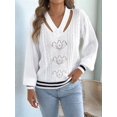 thumbnail image 4 of Women Vintage Knit V-Neck Hollow Contrast Stripe Lantern Long Sleeve Loose Knit Pullover Sweater White S, 4 of 10
