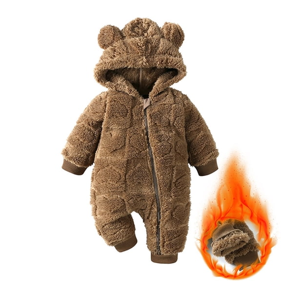 XIMIN Newborn Baby Heart Fleece Snowsuit, Cute Furry Bear Winter Outfits, Infant Girls Hooded Jumpsuit, Warm Zip Up Onesie with Bear Ears