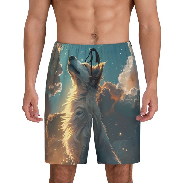 Fotbe Starry Sky Cloud Wolf Pantalones Cortos de Pijama para Hombre, Ropa de Dormir, Pantalones de Pijama Cortos para Hombre-Large