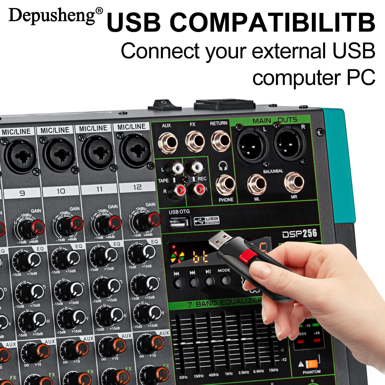 Depusheng PA12 Mixing Console 12-Channel Audio Mixer with 48V 256DSP Reverb Effect  PC AUX Play Record Podcast Broadcast stage