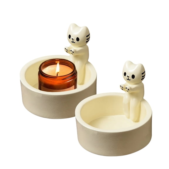 2 Pieces Cute Kitten Cat Candle Holder, Handmade Resin Candlestick Holders, Cartoon Kitty Warming Its Paws Tealight Holder for Women Girl Lovers Gifts (White)