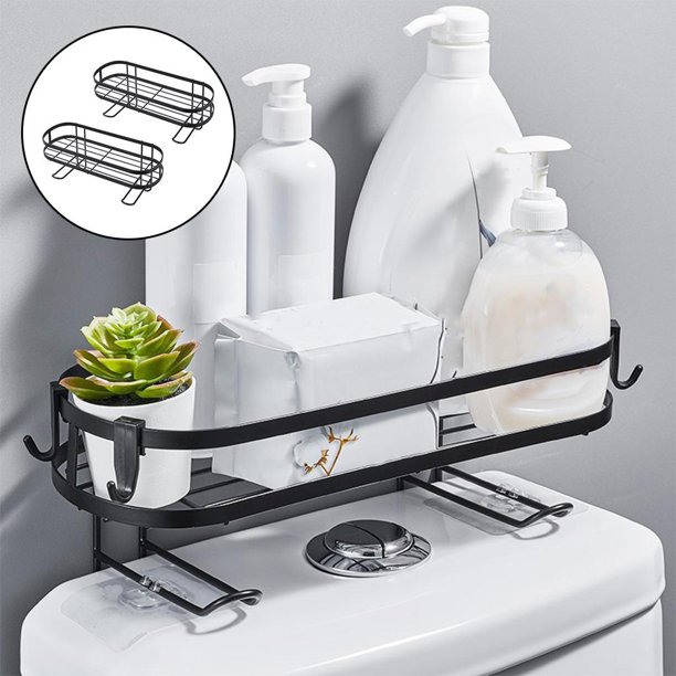 2x Hierro Orgazador de baño Estante de almacenamiento Estante de almacenamiento de inodoro Soporte de champú Accesorios de baño que ahorran espacio Negro Macarena Organizador de baño