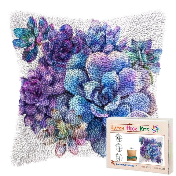 Watercolor Succulent DIY Latch Hook Pillow Kits for Adults Printed Pillowcase Crochet Yarns Hooking Handmade Pillow Cover Cushion for Home Sofa Decoration 17x17inch