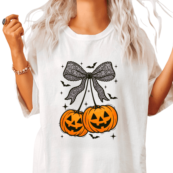 UNISHE Halloween Pumpkin Bow Short Sleeve Crewneck Graphic Tee