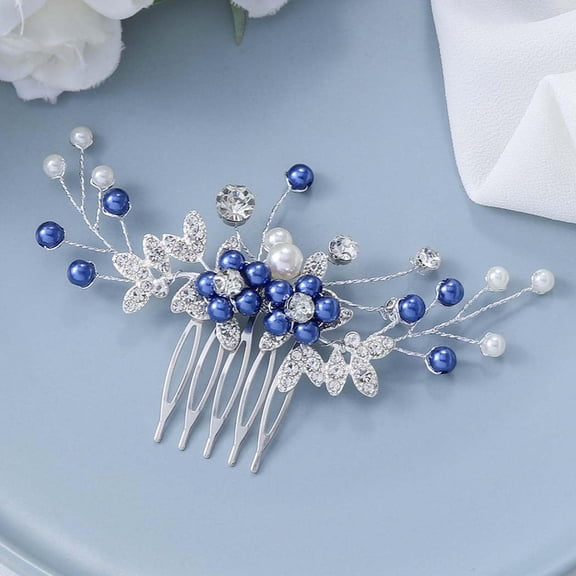 Bride Wedding Crystal Hair Comb Silver Leaf Bridal Hair Clip Blue Pearl Hair Piece Rhinestones Hair Accessories for Women and Girls