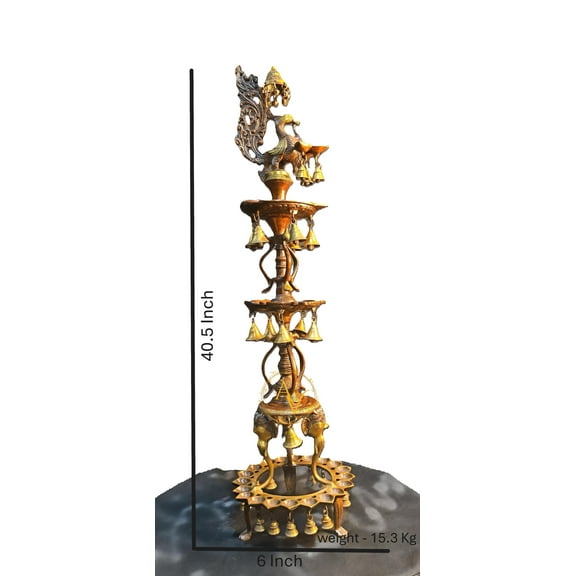 Brass Diya, 40.5 inches Brass Oil Lamp with Peacock & Elephent in Antique Finish, beautiful Brass Diya with hanging bells, home decor gift..