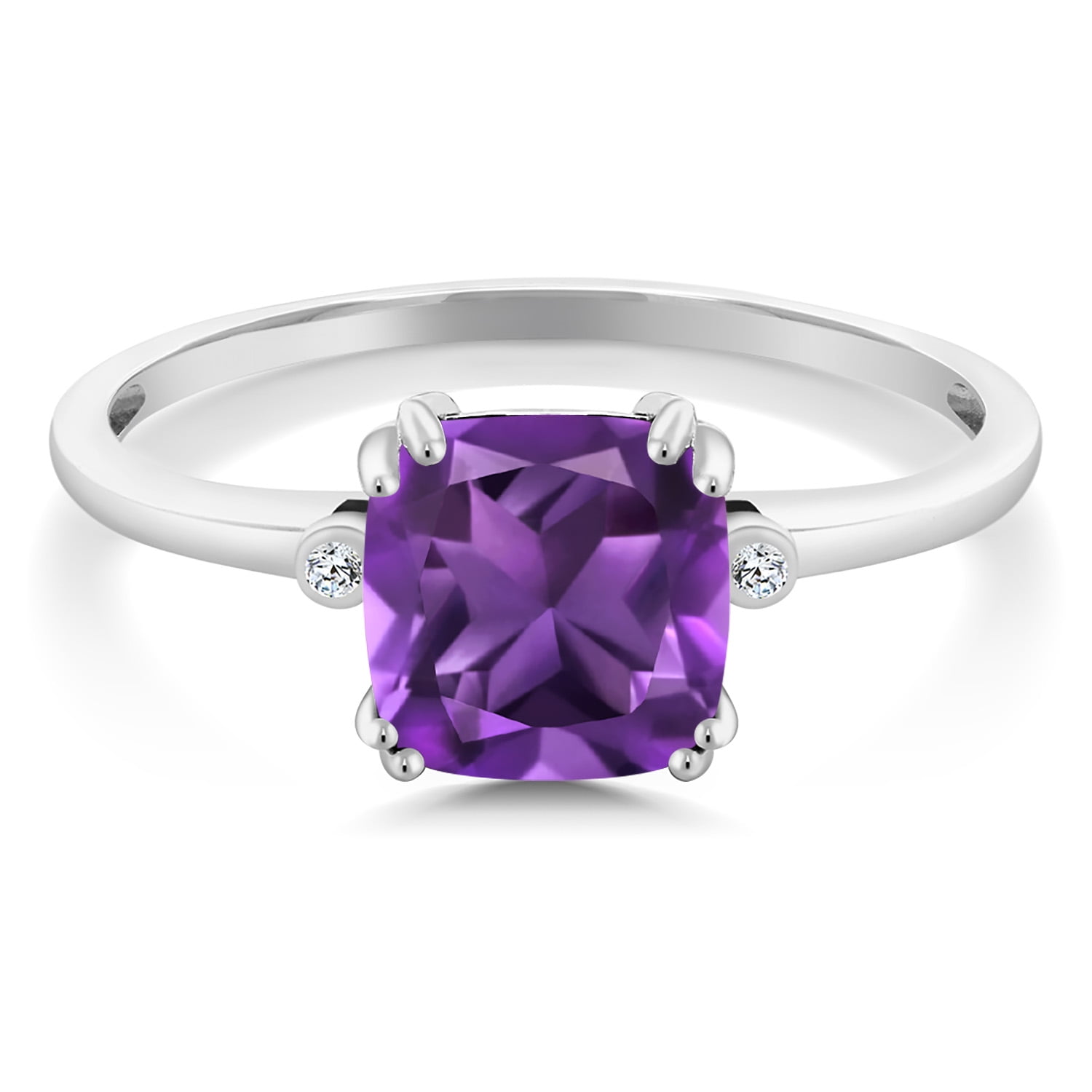 Gem Stone King 2.11 Ct Cushion Purple Amethyst White Diamond 10K White Gold Ring