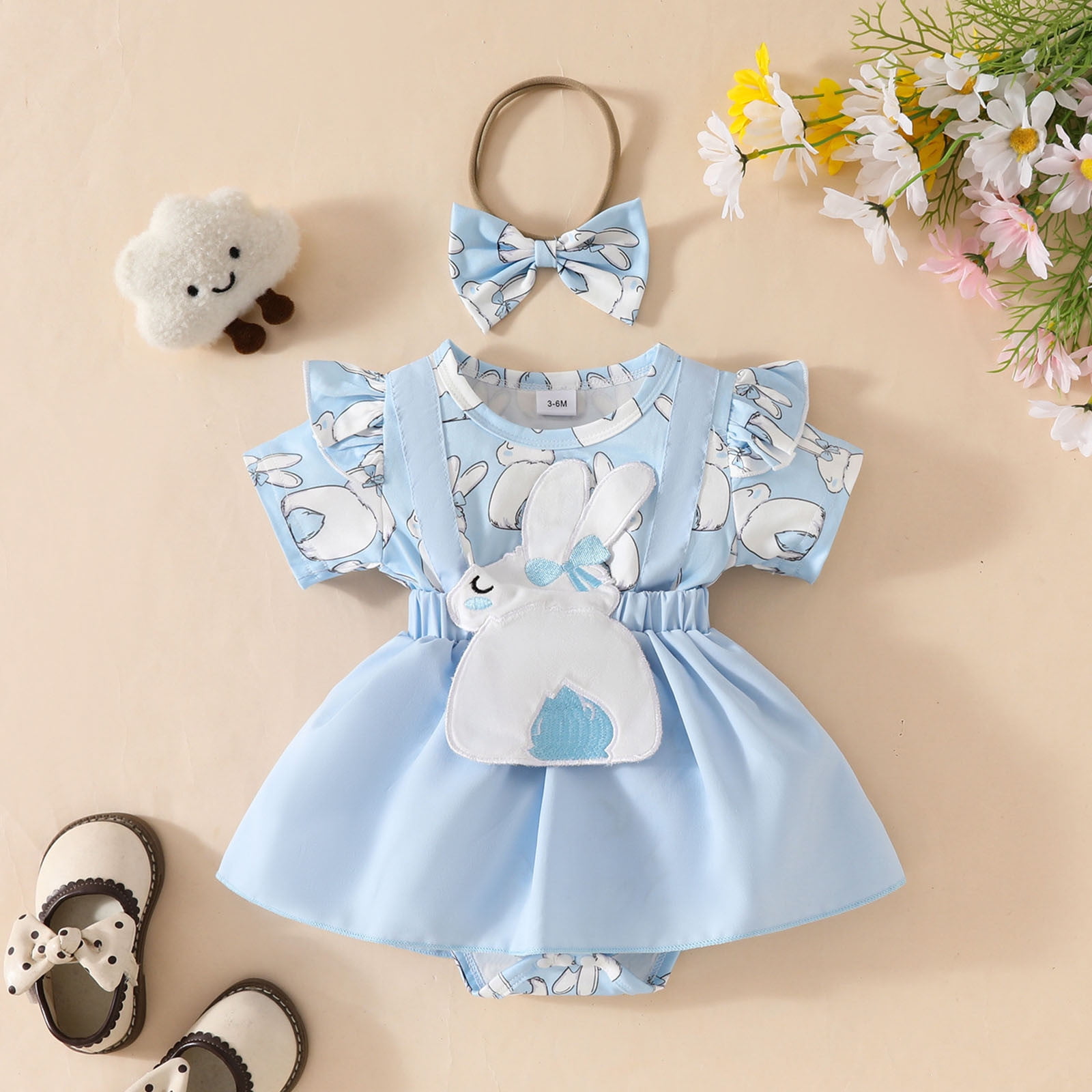 Toddler Girl Easter Dress Short Sleeve Rabbit Romper Bodysuit with Headband Set Blue 6 Months-9 Months