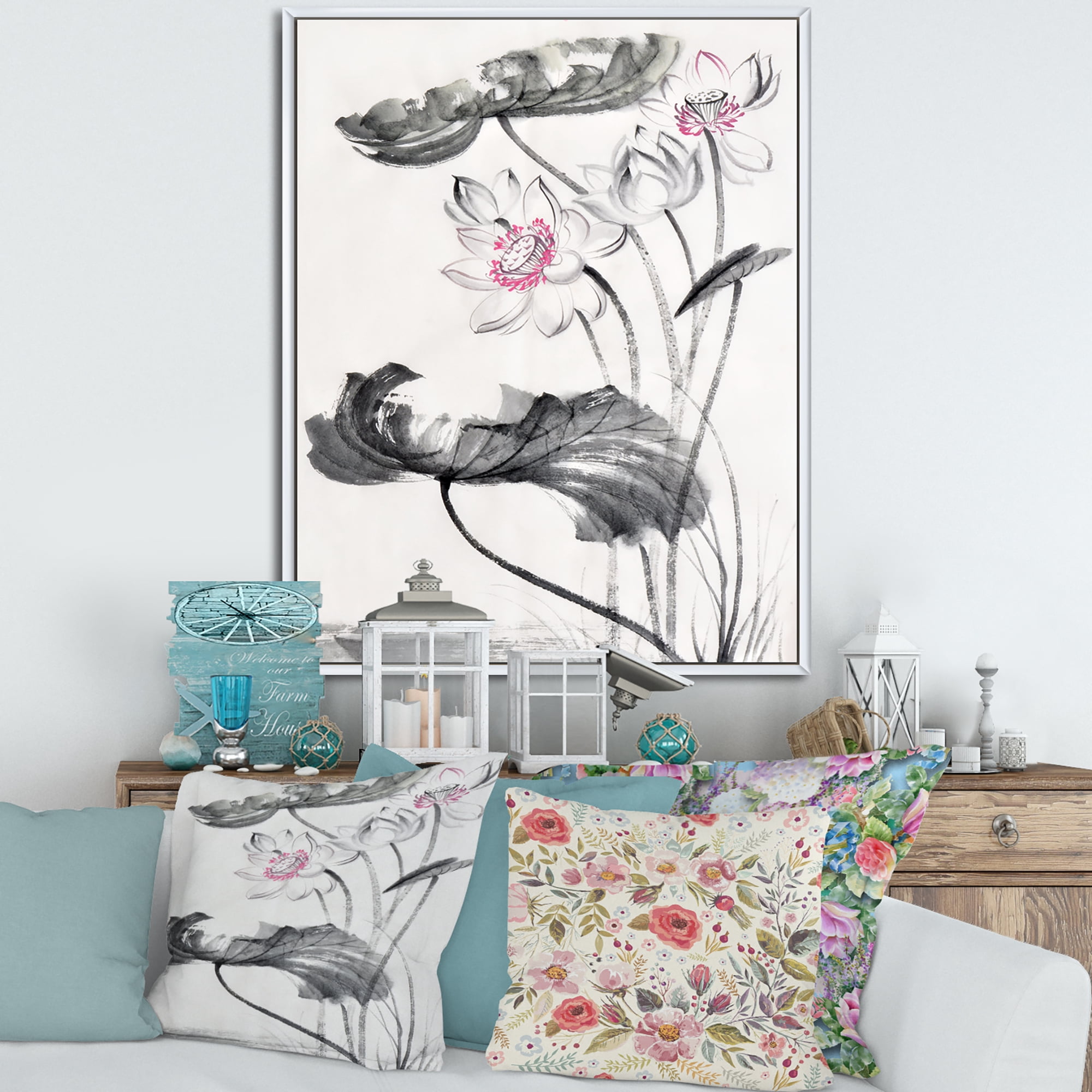 Designart 'Ancient Lotus Flowers' Traditional Framed Canvas Wall Art Print