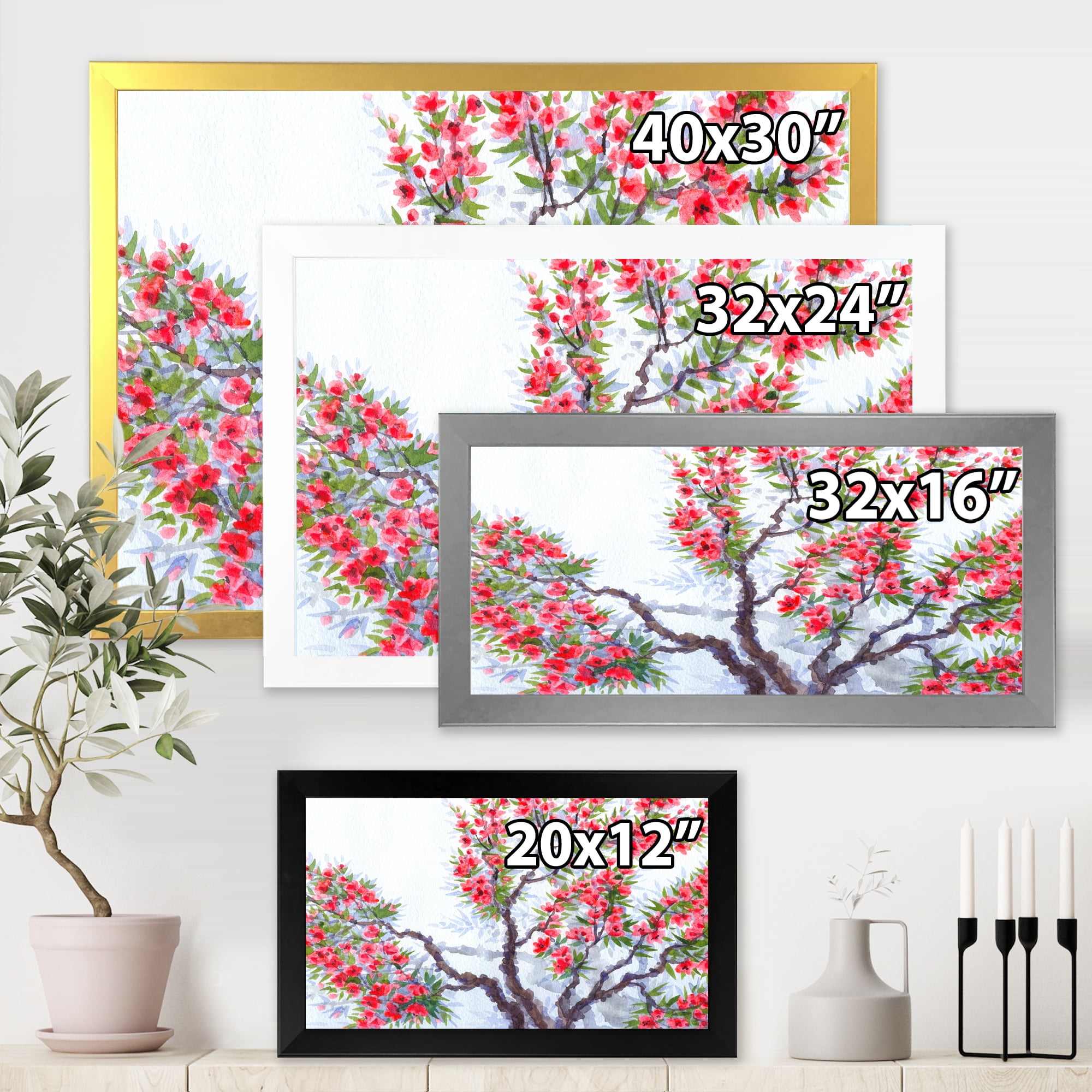 Designart 'Abstract Red Flowers of Spring Tree' Traditional Framed