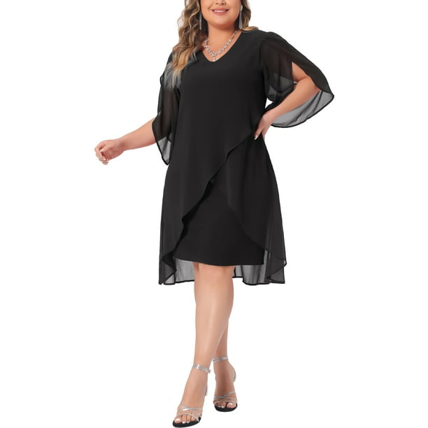 Agnes Orinda Women's Plus Size Dress V Neck Chiffon Overlay