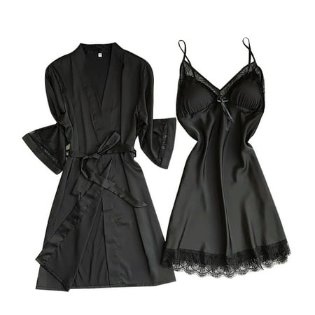 

Qcmgmg Women Robe Dress Set Eyelash Pajamas Set Two Piece Lace Satin Nightgown XXL