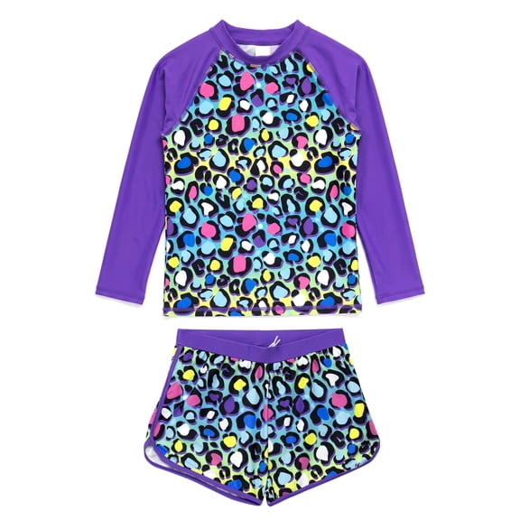 NIPAXO Girls Two Piece Swimsuit Set Long Sleeve Rash Guard Board Shorts Floral Leopard Fish Sun Protection Swimwear for Girls Age 4-5 Years