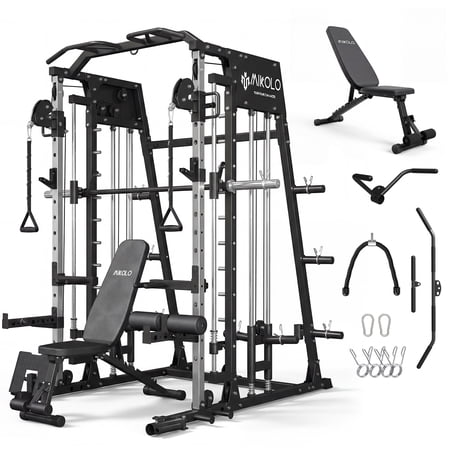 Mikolo M4 Smith Machine Home Gym, 2200 lbs Power Rack Cage with Cable Crossover, Weight Bar, 360° Landmine, Barbell Holders and Other Attachments, Total Body Strength Training Cage