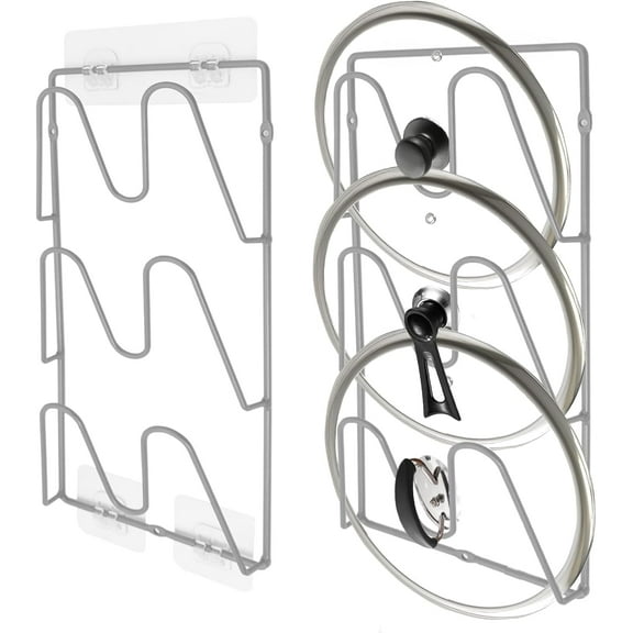 2 Pack Pot Lid Organizer Rack, 6-Tier Rustproof Pot Lids Holder for Cabinet Door/Wall, No Drilling Adhesive Mounted, Pot Top and Pan Cover Storage inside Kitchen Cabinet (Silver)