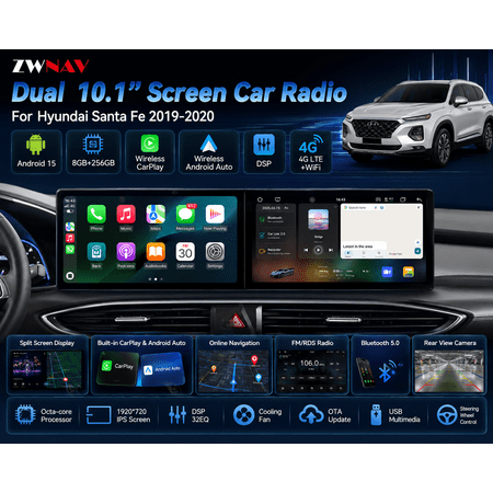 ZWNAV Dual 10.1 inch Screen Car Radio For Hyundai Santa Fe 2019-2020 Android 15 Multimedia Player GPS Navigation Auto DSP Stereo Host