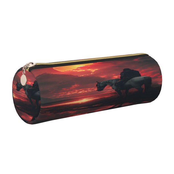 Disketp Lone Rider Under Red Sky Estuche Organizador de Lápices de Cuero, Estuche de Oficina con Cremallera para Bolígrafo y Lápiz