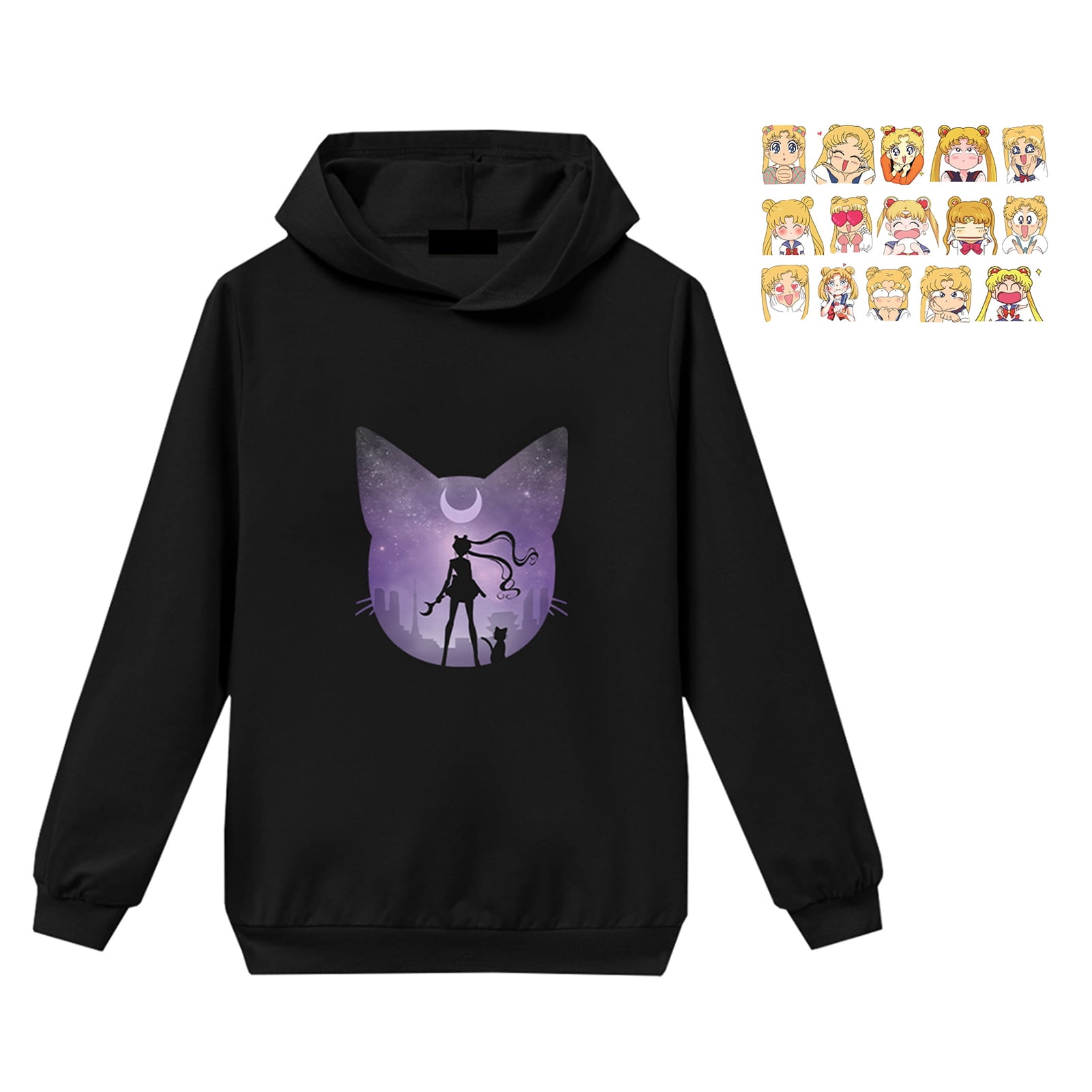 taicanon sailor moon hoodie for kids anime print graphics anime cosplay costume soft pullover sweatshirt and children stickers girls boys black1 120 walmart com