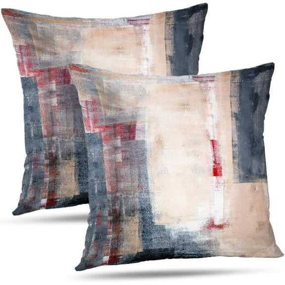 Beige Grey and Red Abstract Art Pillow Cover, White Black Gallery Decorative Throw Pillows Cushion Cover for Bedroom Sofa Living Room 18 x 18 Inch Set of 2