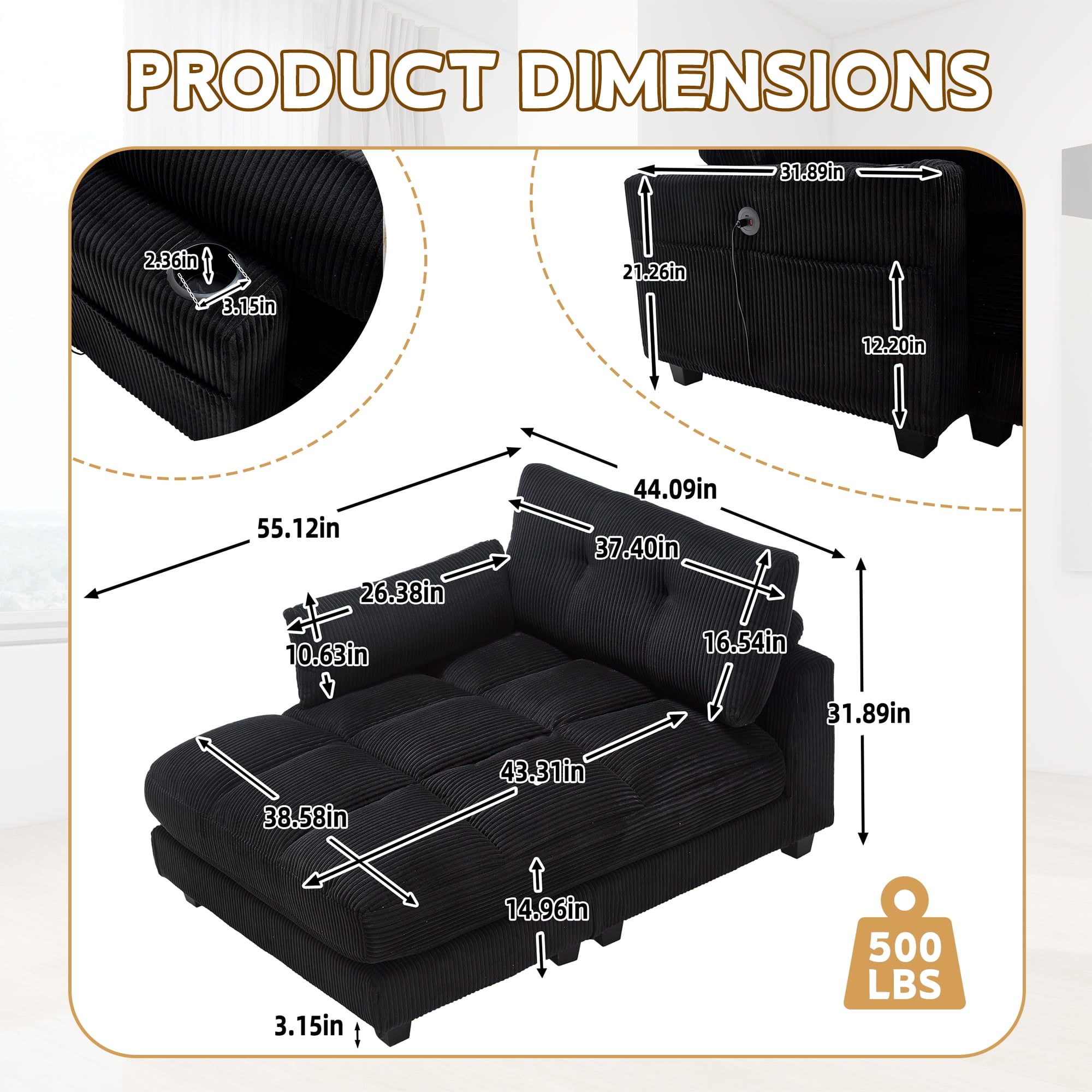 MOONMISS Corduroy Upholstered Soft Deep Seat Sofa with USB,Type-C&2 Cup Holders-Black