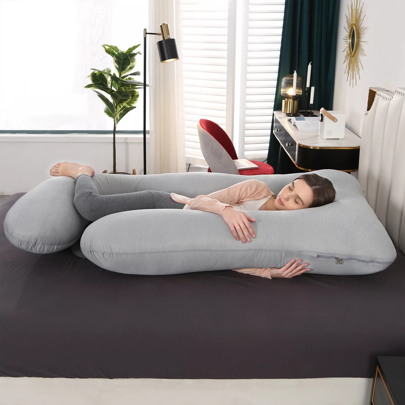 Topchances Pregnancy Pillow with Cooling Fabric Pillowcase, Extra Large Maternity Belly Contoured J-Shape Body Pillow, 57x27.5 inch, Grey