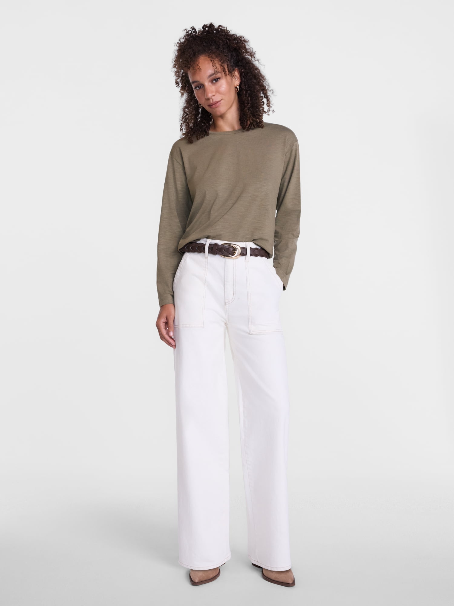 Scenario Women's and Women's Plus Relaxed Slub Tee with Long Sleeves, Sizes XS-4X