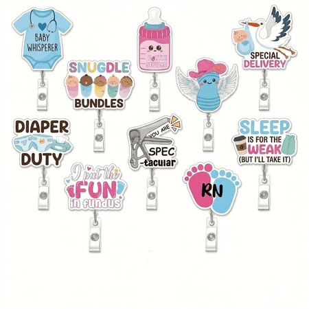 RUIFUU 10 Pcs Labor and Delivery Badge Reel Retractable Cute NICU Nurse Badge Reel Labor and Delivery Nurse Gifts for Women Glitter Acrylic Badge Holder for Nurses Week Gifts RN Medical Assistant