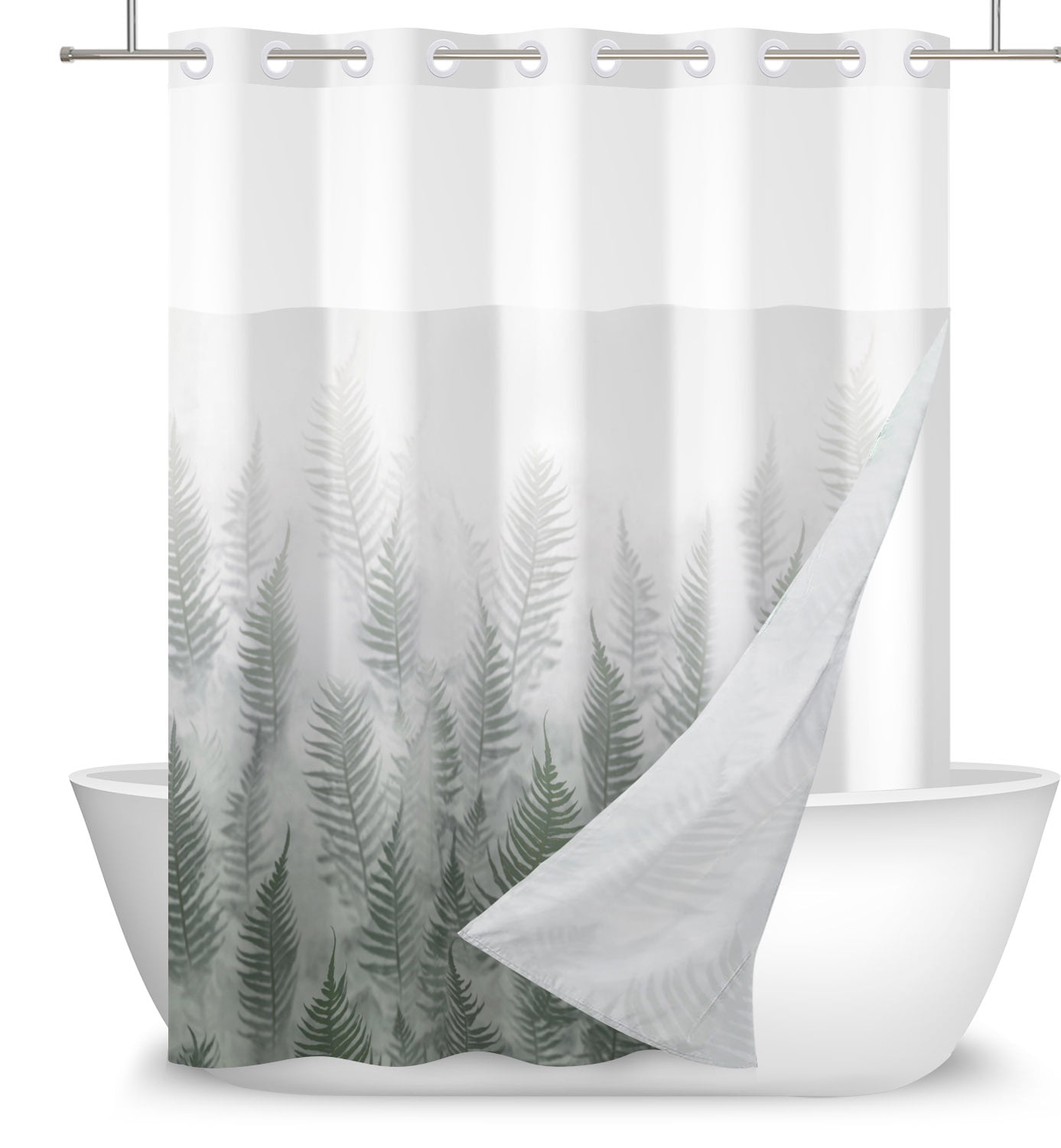 Mizhonag Grey and Green Hookless Shower Curtain with Snap in Liner Forest No Hook Waterproof Fabric Bathroom Curtain,71"× 74"