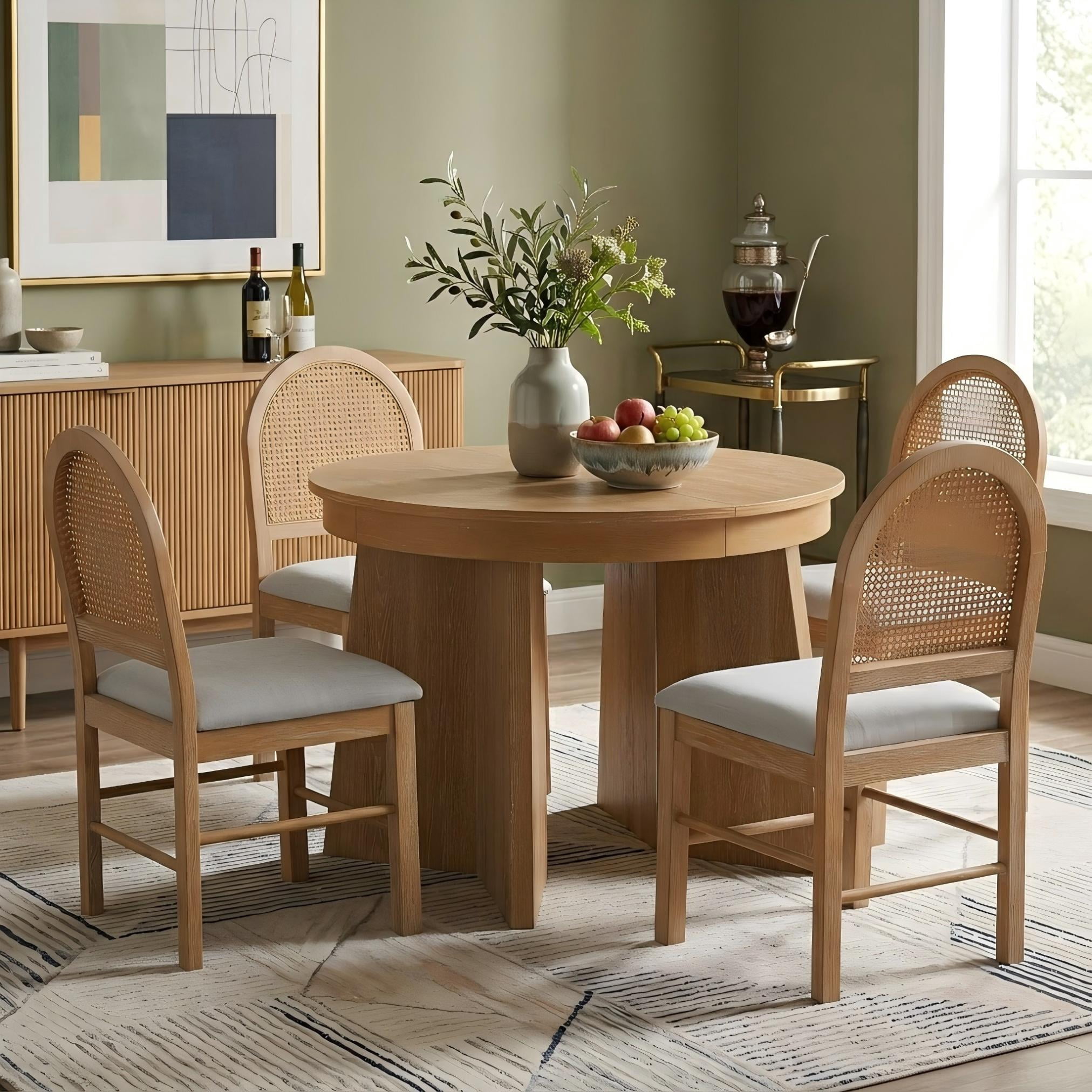 Aukfa 5-Piece Extendable Dining Table Set for 4, Kitchen Round Table with 4 Upholstered Rattan Back Chairs, Retro Dining Room Furniture, Natural Wood