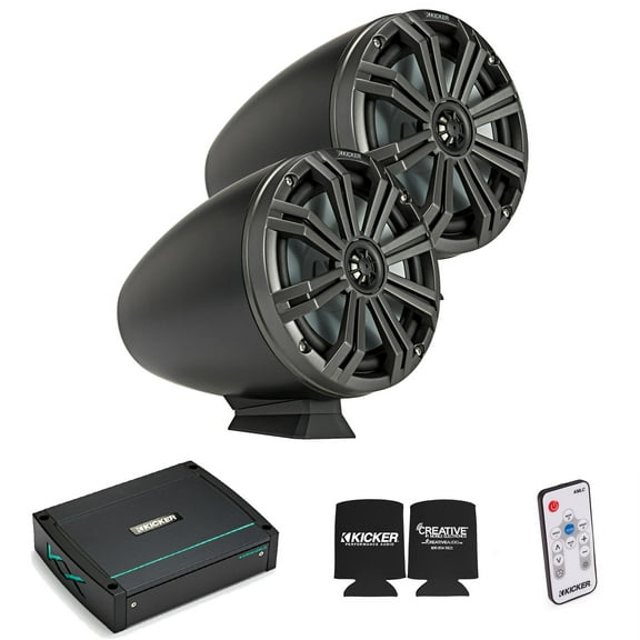 Kicker KMFC8 8" Flat Mount Charcoal Tower Speakers (1 pair) with KXM4002 Marine Amplifier