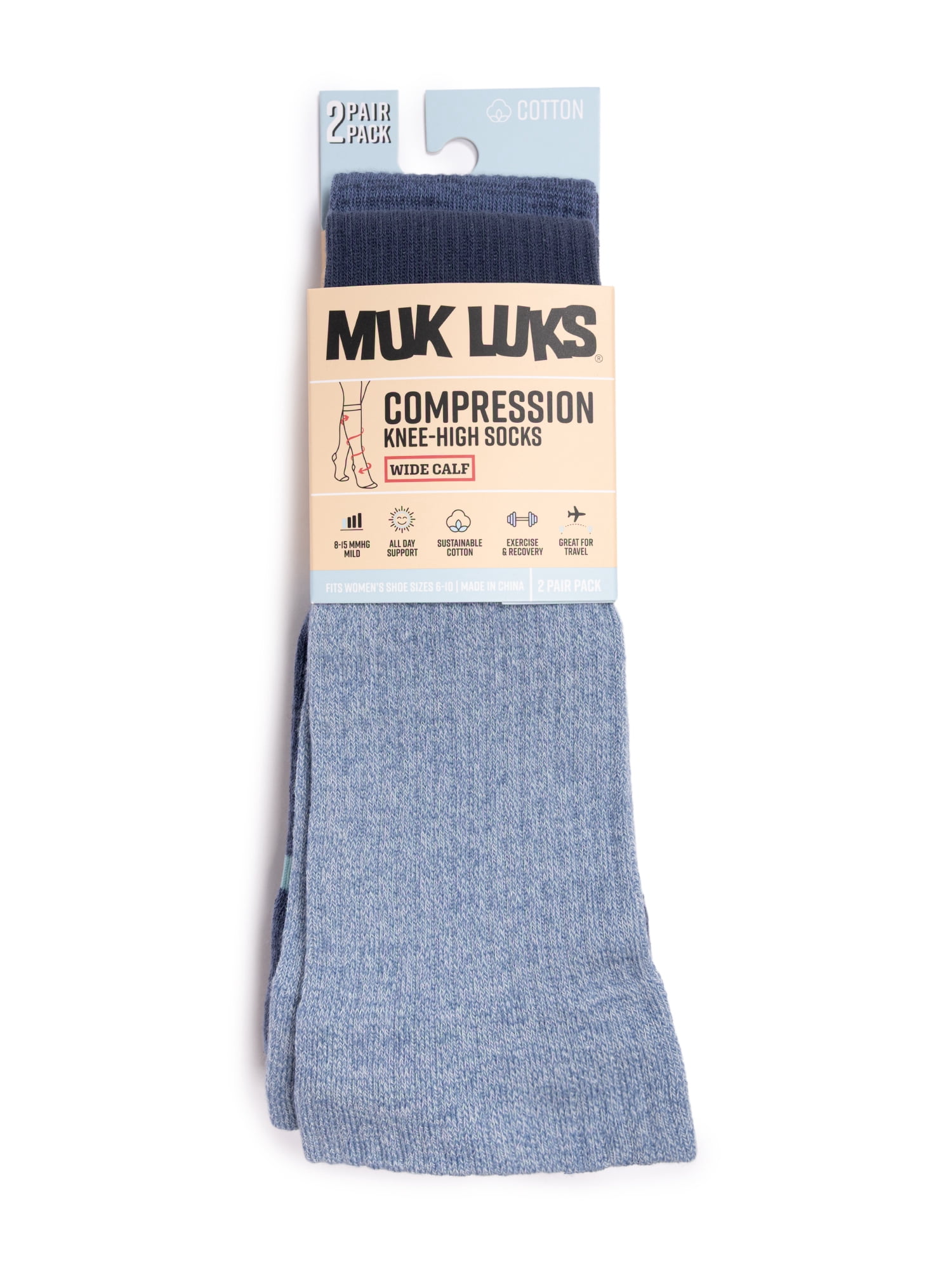 MUK LUKS Women's Wide Width Compression Cotton Knee-High Socks, 2-Pack, Shoe Sizes 6-10