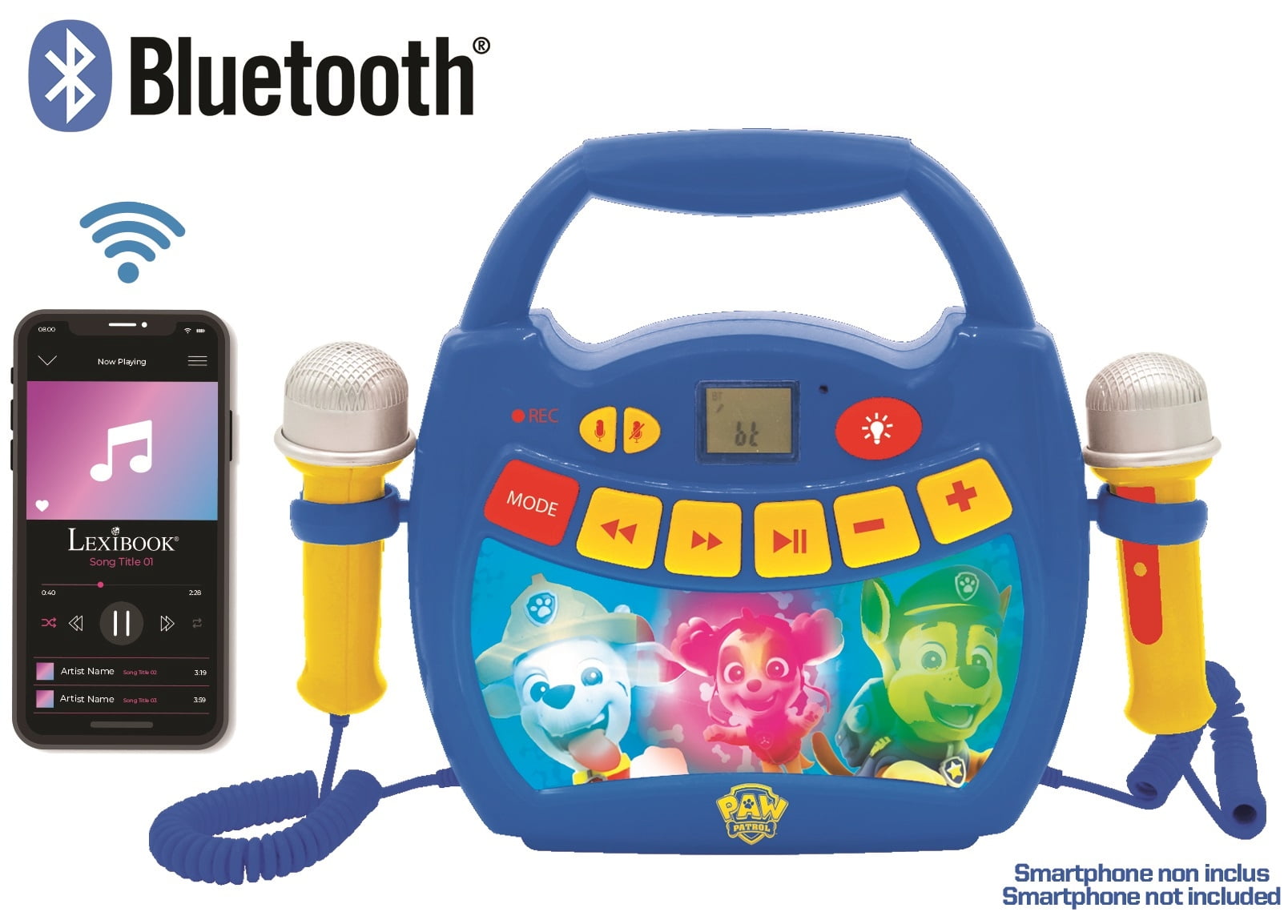 Lexibook Paw Patrol, Portable Karaoke digital player for kids – Microphones, Light effects, Bluetooth, Record and voice changer functions, Rechargeable battery, Blue/red