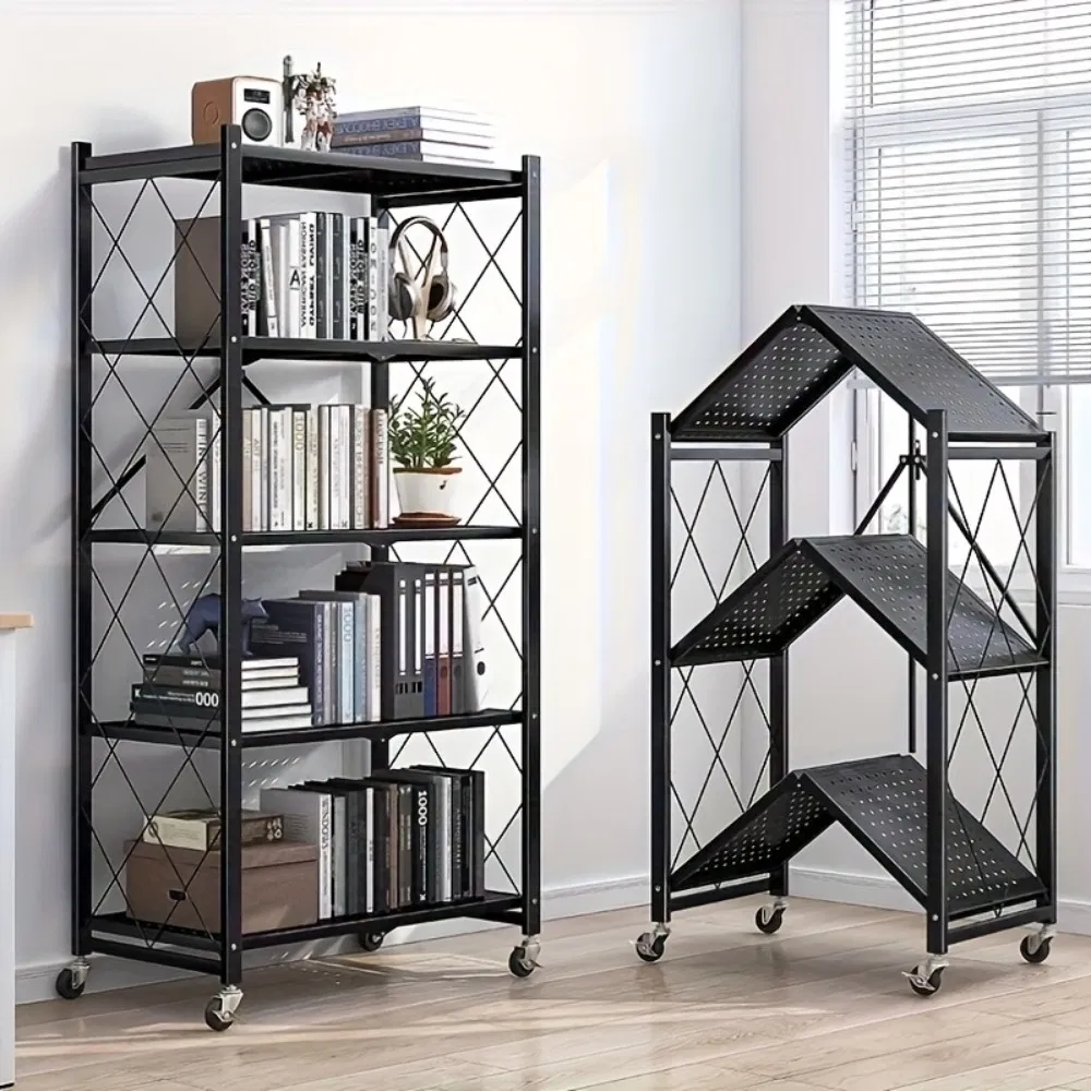 Heavy Duty Foldable Metal Storage Rack with Wheels, 5 Tier, No Installation, Removable Shelves, Black - Utility Shelving for Garage, Kitchen, Living Room, Study, Basement
