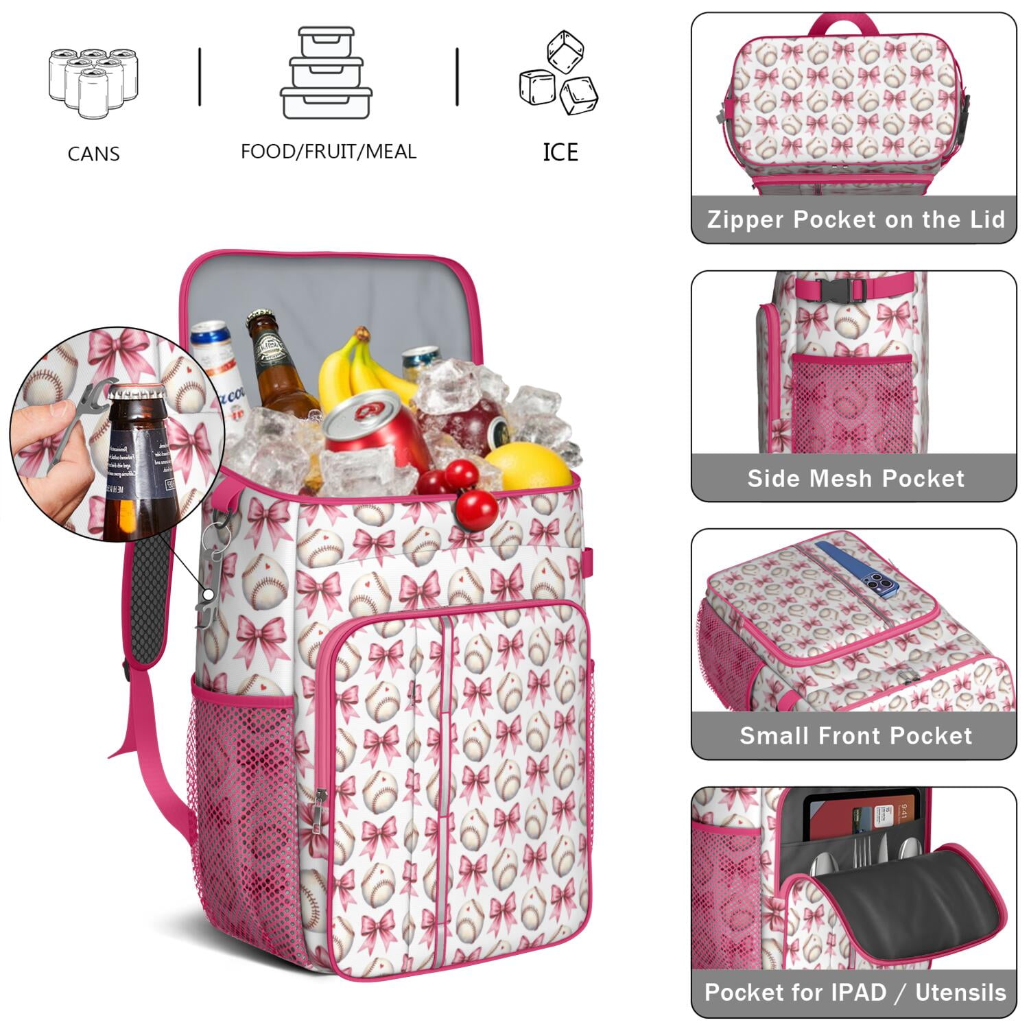 Travel Cooler Bag - Pink Baseballs and Bows Pattern Camping Beer Cooler Backpack with Bottle Opener- Waterproof Insulated Picnic Backpacks - Cooler Bag for Beach