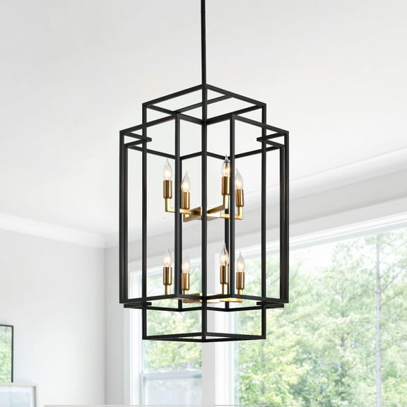 Industrial 8 Lights Chandelier,Black Lantern Ceiling Light Fixtures for Dining Room with Adjustable Height Farmhouse Geometric Hanging Light for Kitchen Island,Entryway