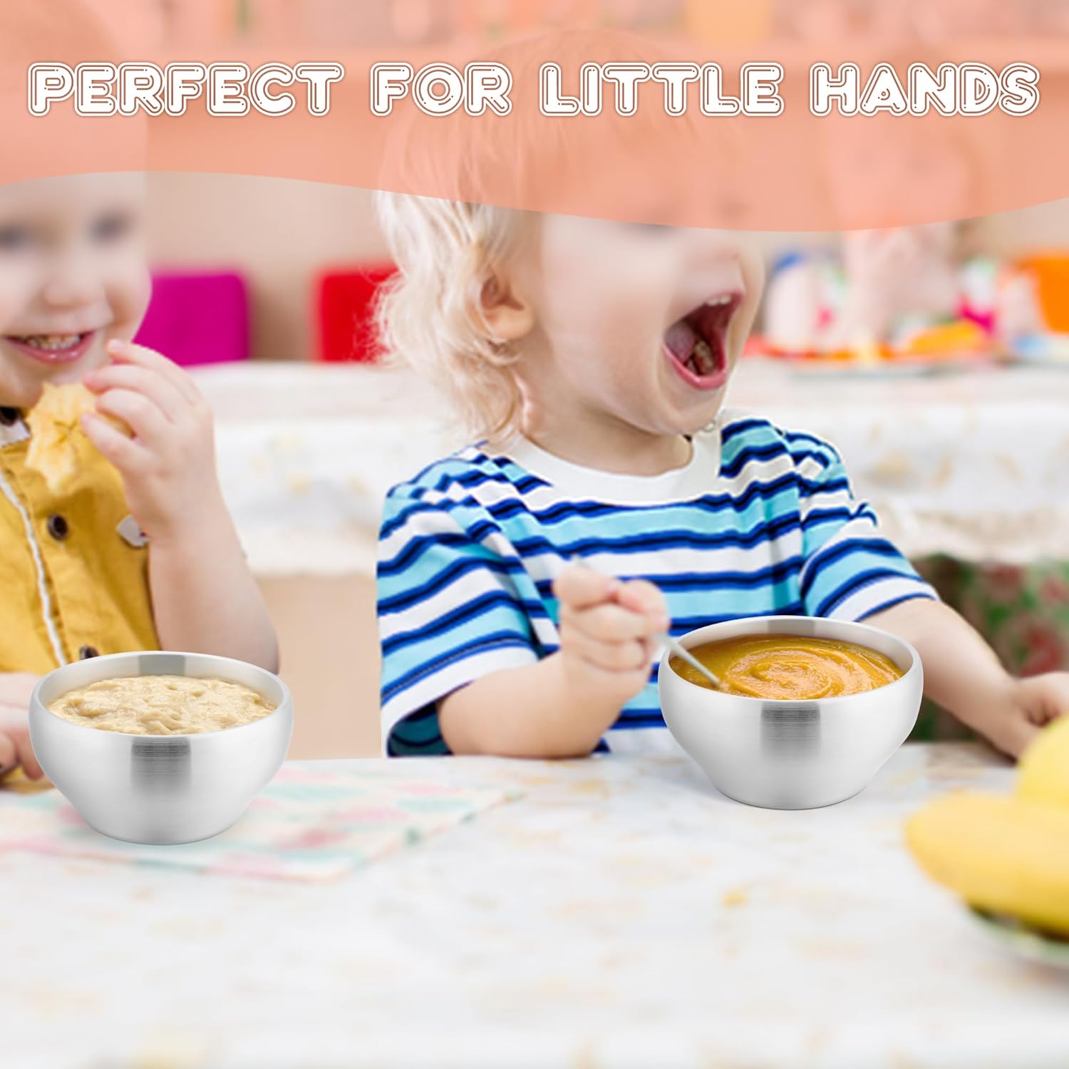 Stainlss Stl Bowls for Kids-2 Pack, 12OZ Doubl Walld Baby Toddlr Bowls for Baby Food/Cral/Snack, 18/10 Non-Toxic Mtal & Unbrakabl, Dishwashr Saf
