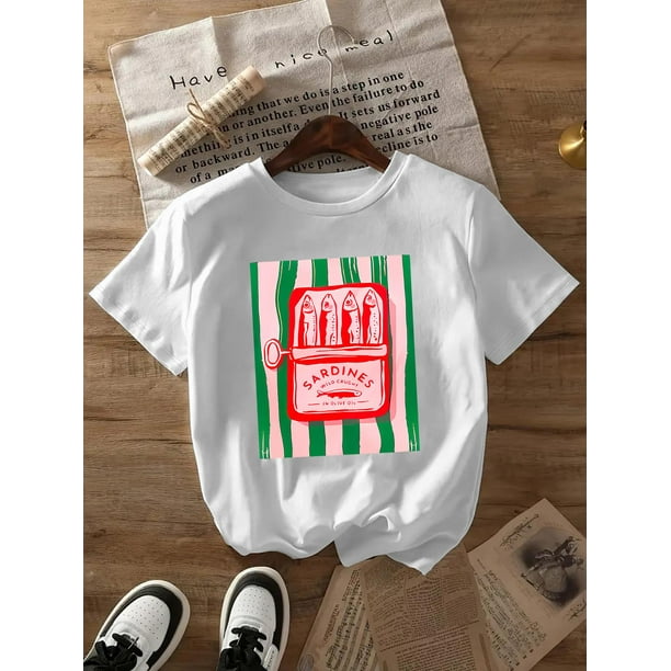 Women's Casual Crew Neck T-Shirt with Fun Sardines Letter & Canned Fish Print, 100% Cotton Knit Fabric, Lightweight & Breathable, Regular Length, Spring/Summer Fashion Top, Retro-Inspired Graphic Des