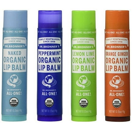 Dr. Bronner s Organic Lip Balm - 4 Pack (Naked  Peppermint  Lemon Lime  Orange Ginger)